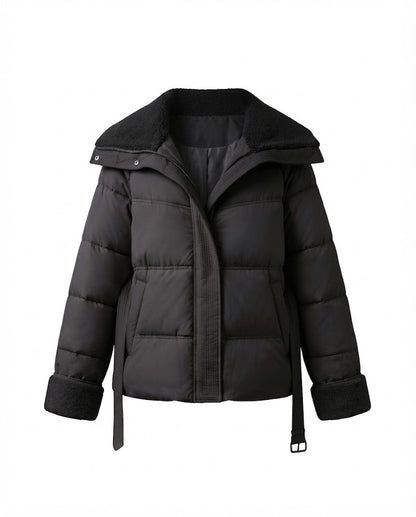 Women's short padded quilted parka with voluminous teddy collar, fitted belt, and concealed zipper