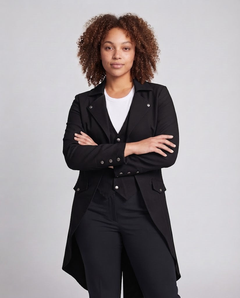 Women Long Coat with Asymmetric Cut and Elaborate Button Details EVA-US