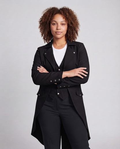 Women Long Coat with Asymmetric Cut and Elaborate Button Details EVA-US