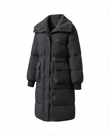 Women's long padded coat with Sherpa shawl collar, waist drawstring, and large flap pockets