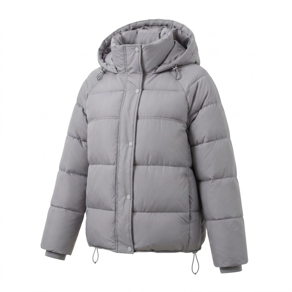 Women's padded oversized quilted jacket with high stand-up collar and adjustable drawstring