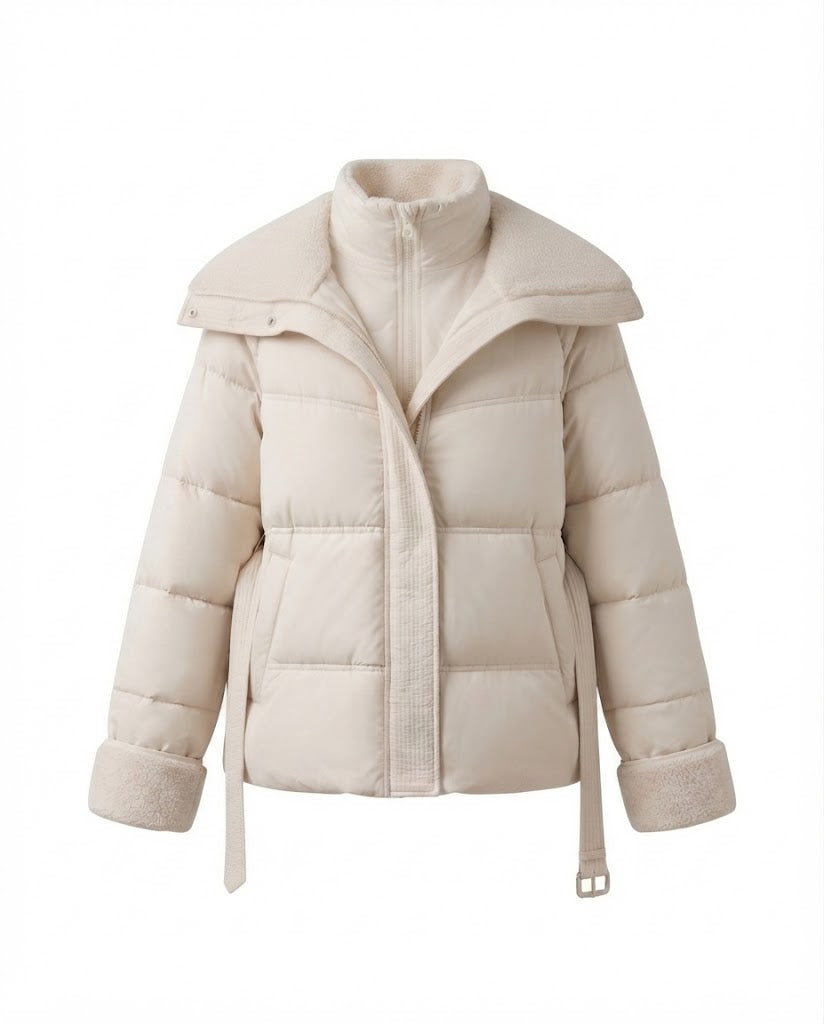 Women's short padded quilted parka with voluminous teddy collar, fitted belt, and concealed zipper