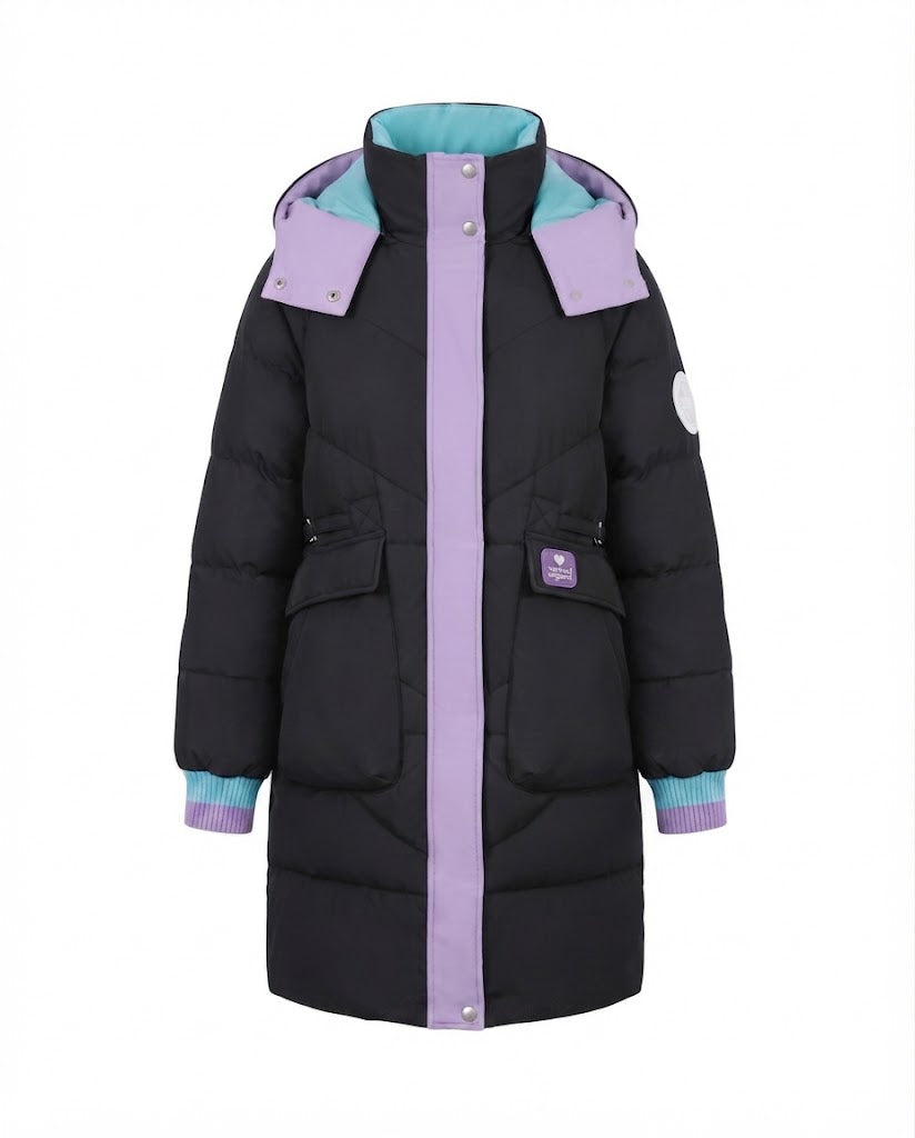 Women's longer padded hooded coat with large flap and patch pocket as well as elastic cuffs