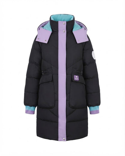 Women's longer padded hooded coat with large flap and patch pocket as well as elastic cuffs