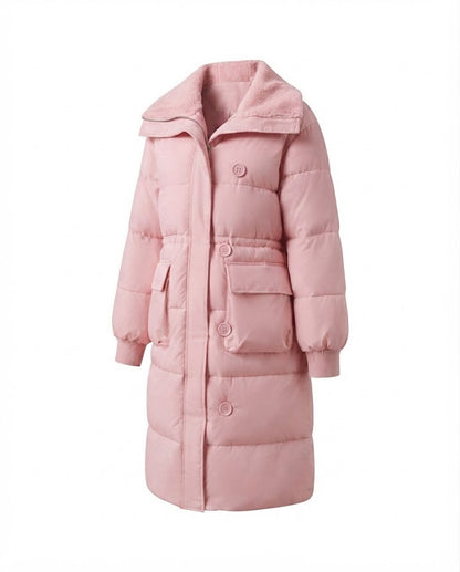 Women's long padded coat with Sherpa shawl collar, waist drawstring, and large flap pockets