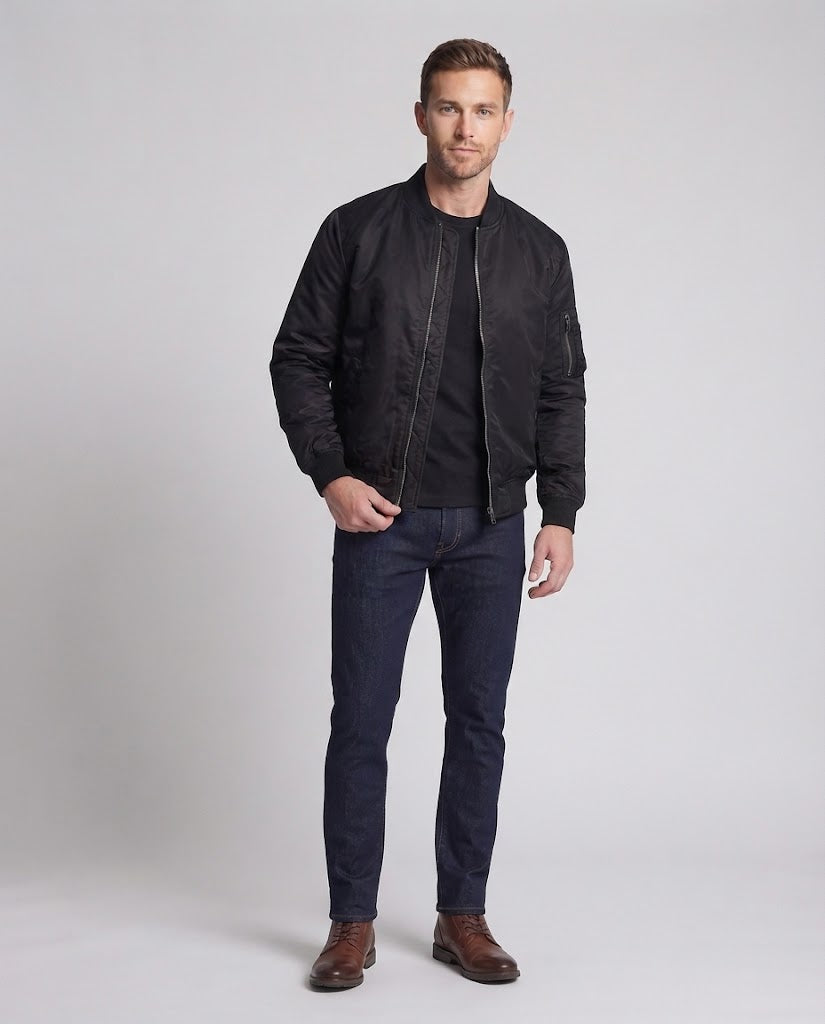 Men's technical nylon flight bomber with padded lining, arm pocket, and elastic ribbed cuffs EVA-US