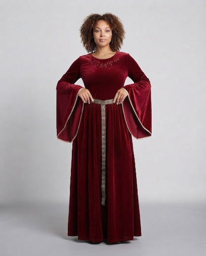 Women elegant velvet dress with wide sleeve and decorative belt EVA-US