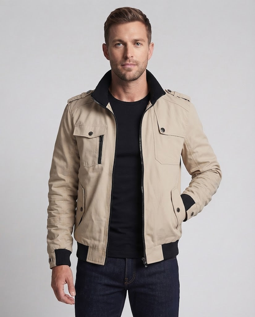 Men's short jacket in utility field design with stand-up collar, shoulder epaulettes, and concealed zipper pockets EVA-US