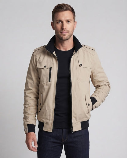 Men's short jacket in utility field design with stand-up collar, shoulder epaulettes, and concealed zipper pockets EVA-US