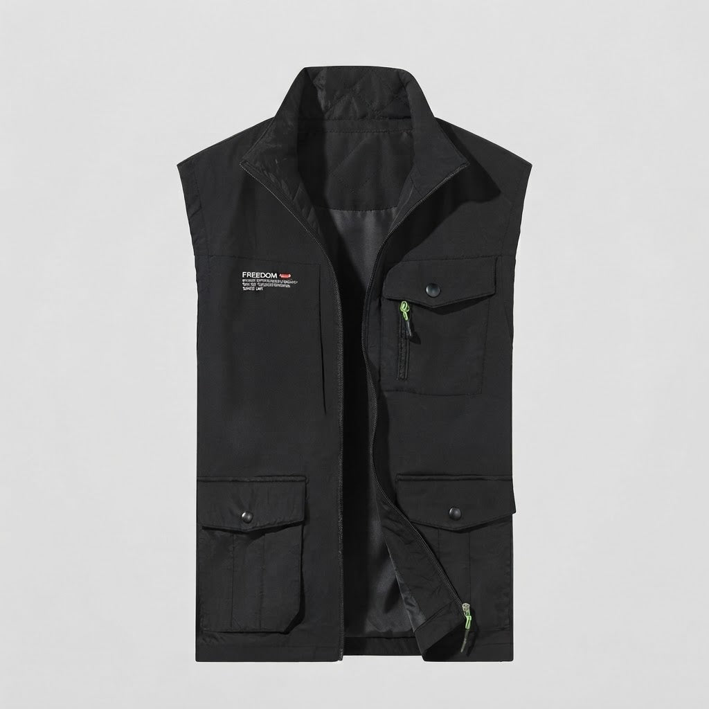 Men's lightweight utility vest with multiple pockets, stand-up collar, and full-length zipper EVA-US