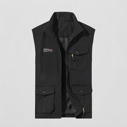 Men's lightweight utility vest with multiple pockets, stand-up collar, and full-length zipper EVA-US