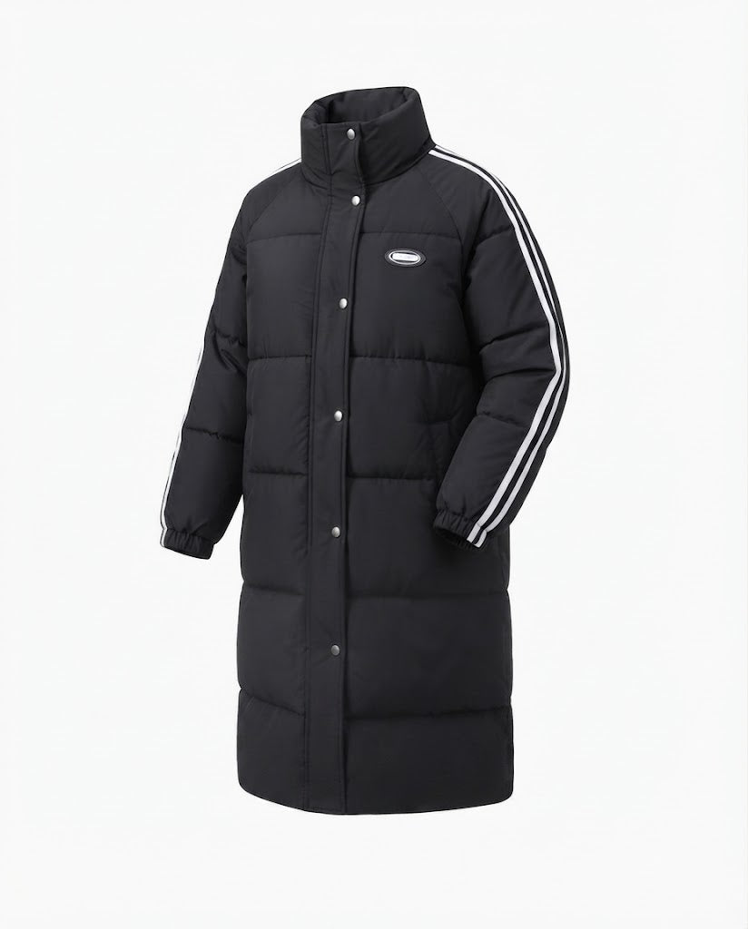 Women's longer street style quilted coat with hood trim, contrast stripes on the sleeves and concealed two-way zipper