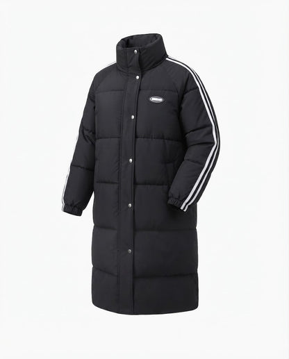 Women's longer street style quilted coat with hood trim, contrast stripes on the sleeves and concealed two-way zipper