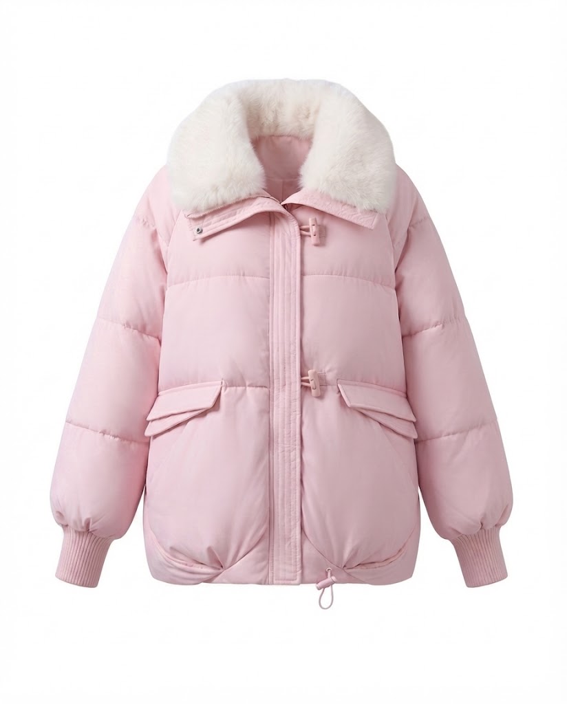 Women's modern oversized puffer with voluminous teddy collar, concealed two-way zipper and adjustable hem