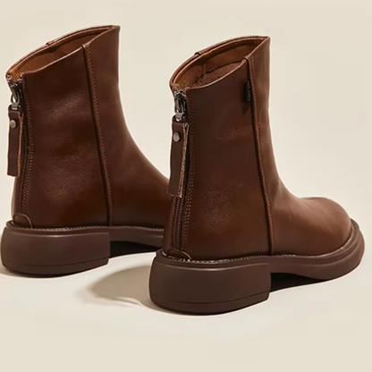 Women's leather ankle boots with back zipper and low heel