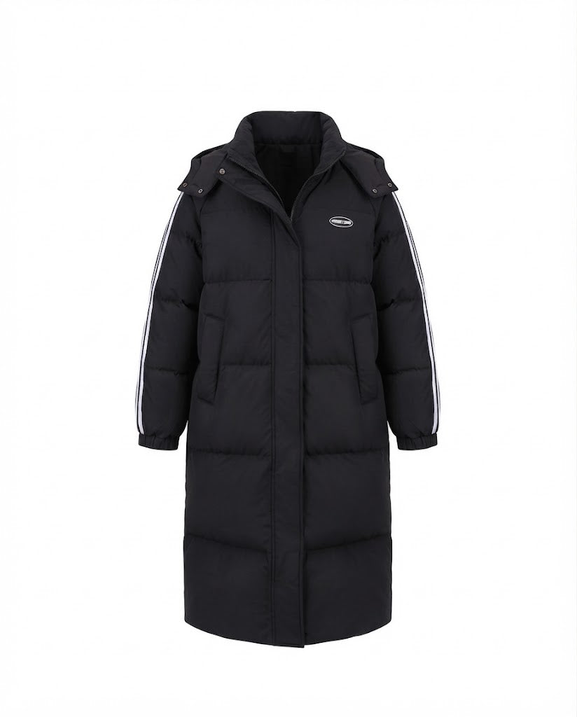 Women's nan longer quilted thermal coat with high stand-up collar, sports stripes, and integrated chest pocket