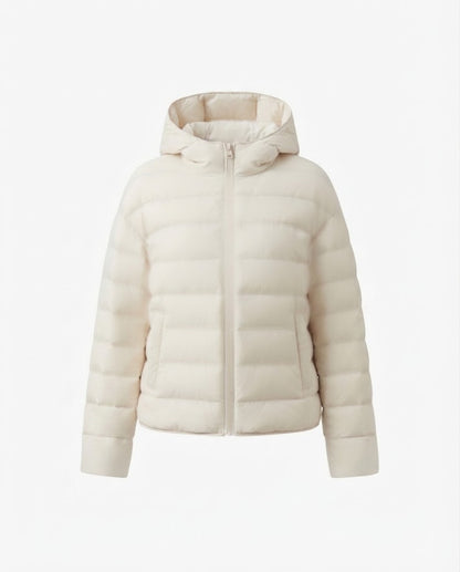 Women nan minimalist short thermo quilted jacket with ergonomic hood, tailored seam design and windproof outer shell
