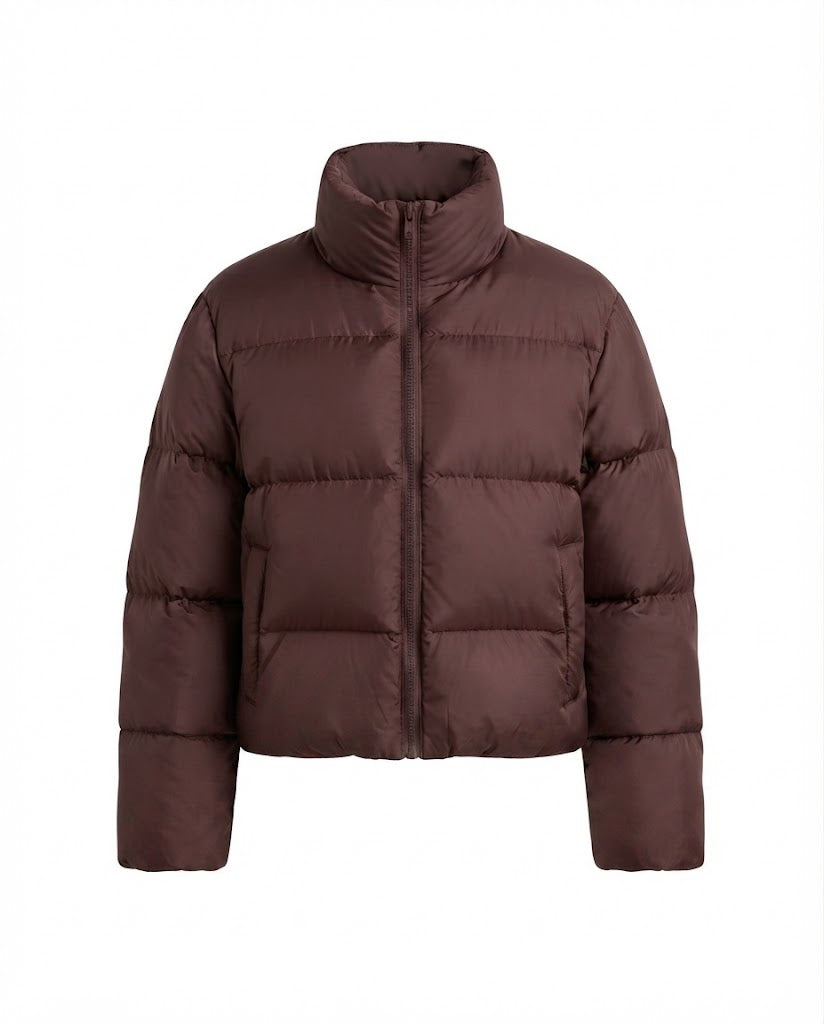 Women's ultra-lightweight hoodless oversized puffer with high standing collar, silent outer shell, and thermally insulating padding