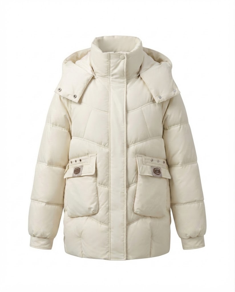 Women's mid-length padded parka with high stand-up collar flap, stowable hood, and large cargo pockets
