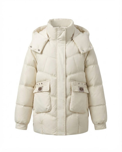 Women's mid-length padded parka with high stand-up collar flap, stowable hood, and large cargo pockets