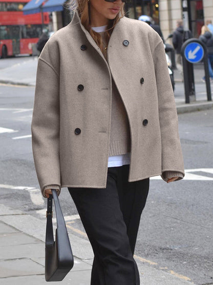 EVA-US | Women's jacket - beige short wool jacket with stand-up collar and button closure