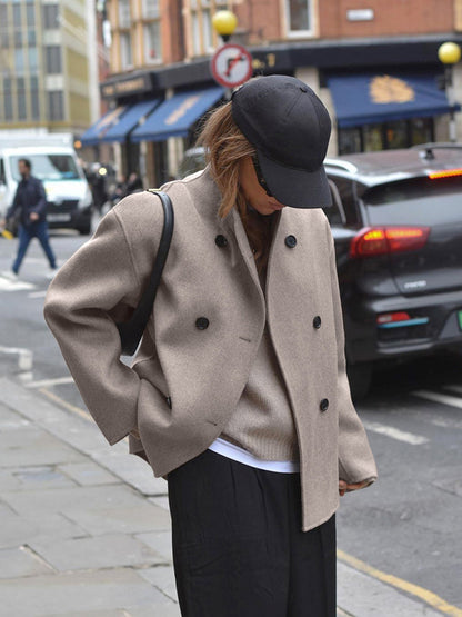EVA-US | Women's jacket - beige short wool jacket with stand-up collar and button closure