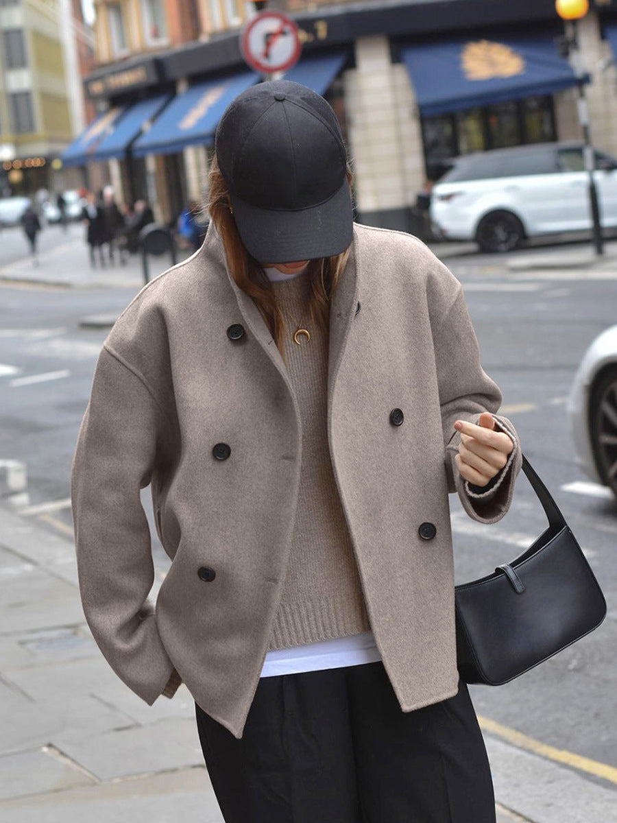 EVA-US | Women's jacket - beige short wool jacket with stand-up collar and button closure