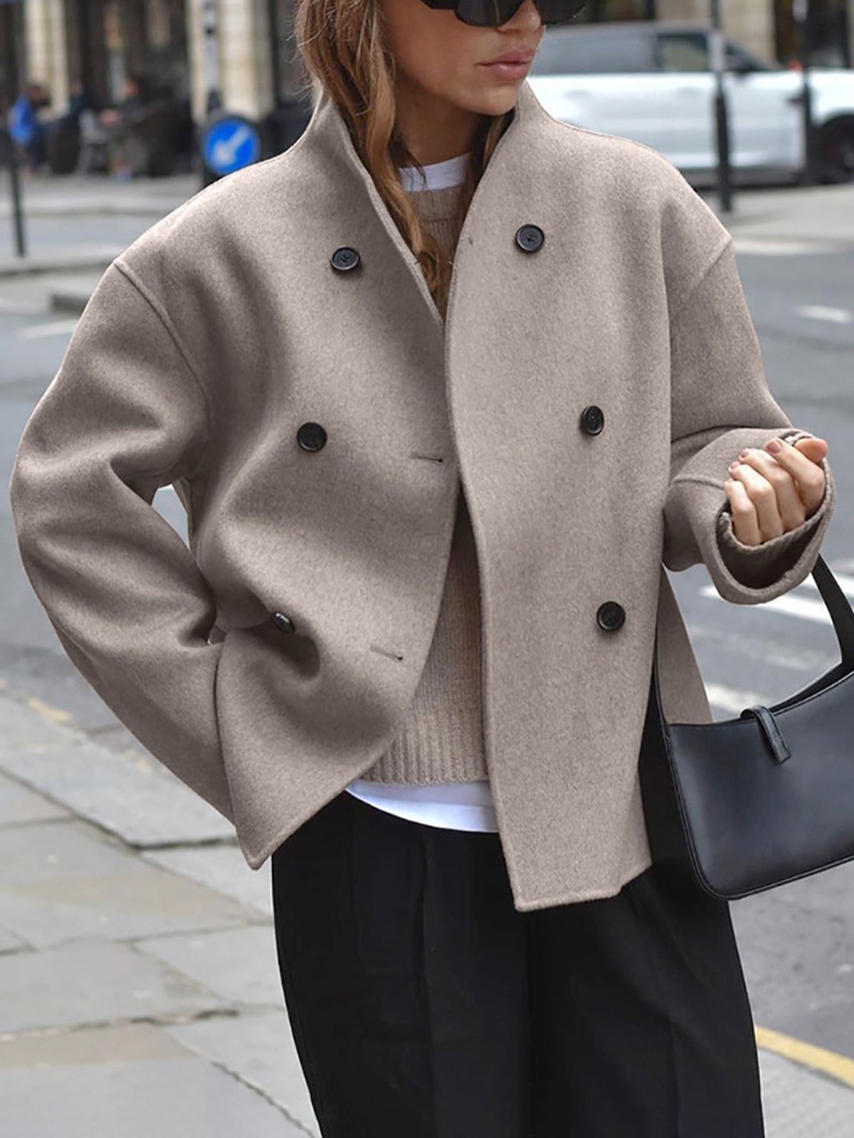 EVA-US | Women's jacket - beige short wool jacket with stand-up collar and button closure
