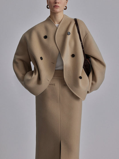 EVA-US | Short wool jacket with double button placket wool blend modern and warm