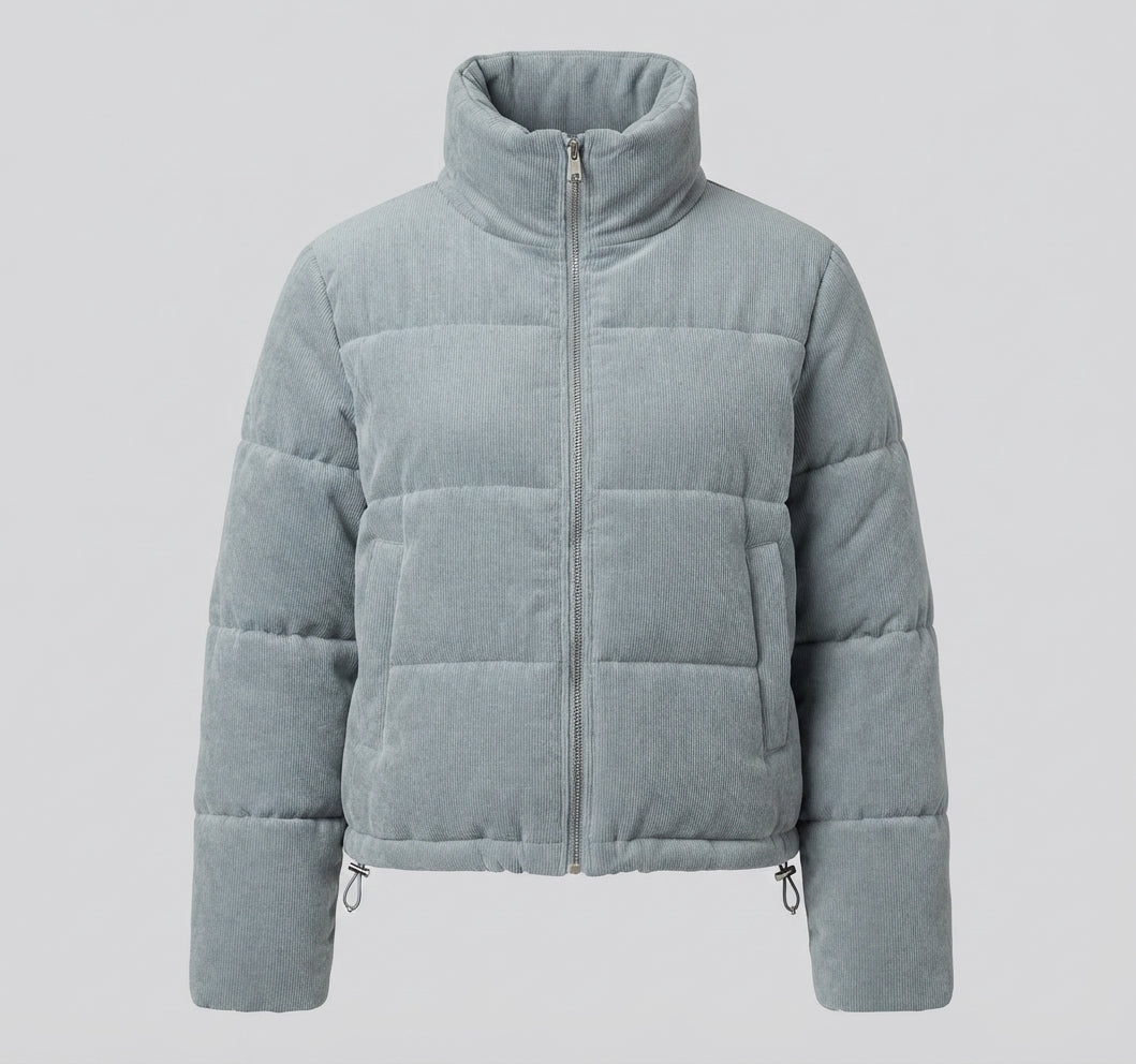 Women's short cord puffer with voluminous shawl collar, concealed snap button placket, and warming thermal lining