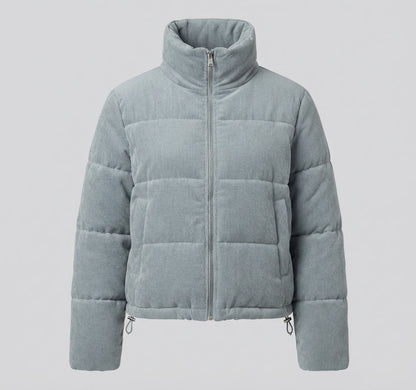 Women's short cord puffer with voluminous shawl collar, concealed snap button placket, and warming thermal lining