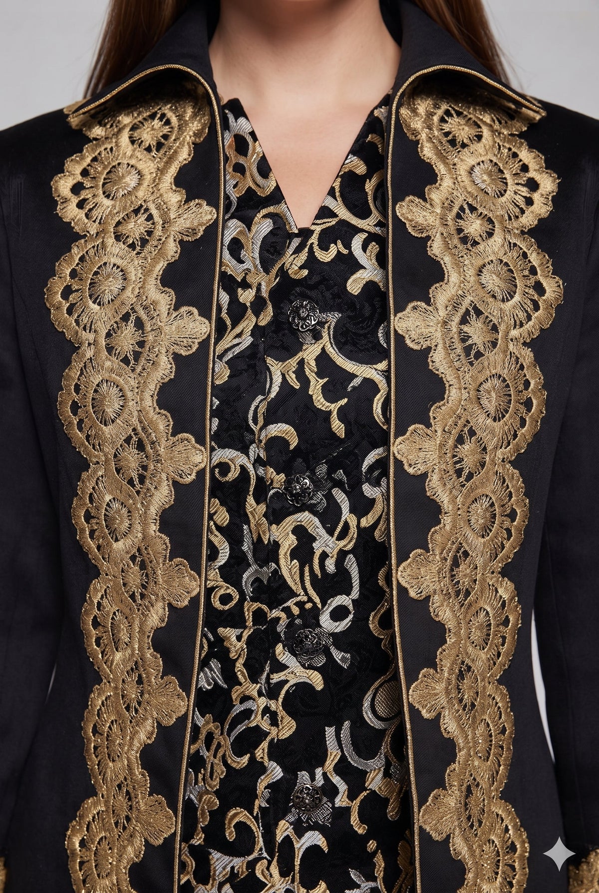 Women's elegant tailcoat with fine gold embroidery and asymmetrical hem EVA-US
