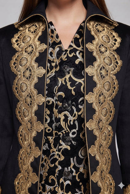 Women's elegant tailcoat with fine gold embroidery and asymmetrical hem EVA-US