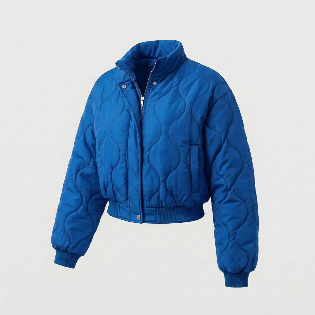 Women's nan cropped quilted bomber jacket with organic circular quilted pattern and voluminous sleeves