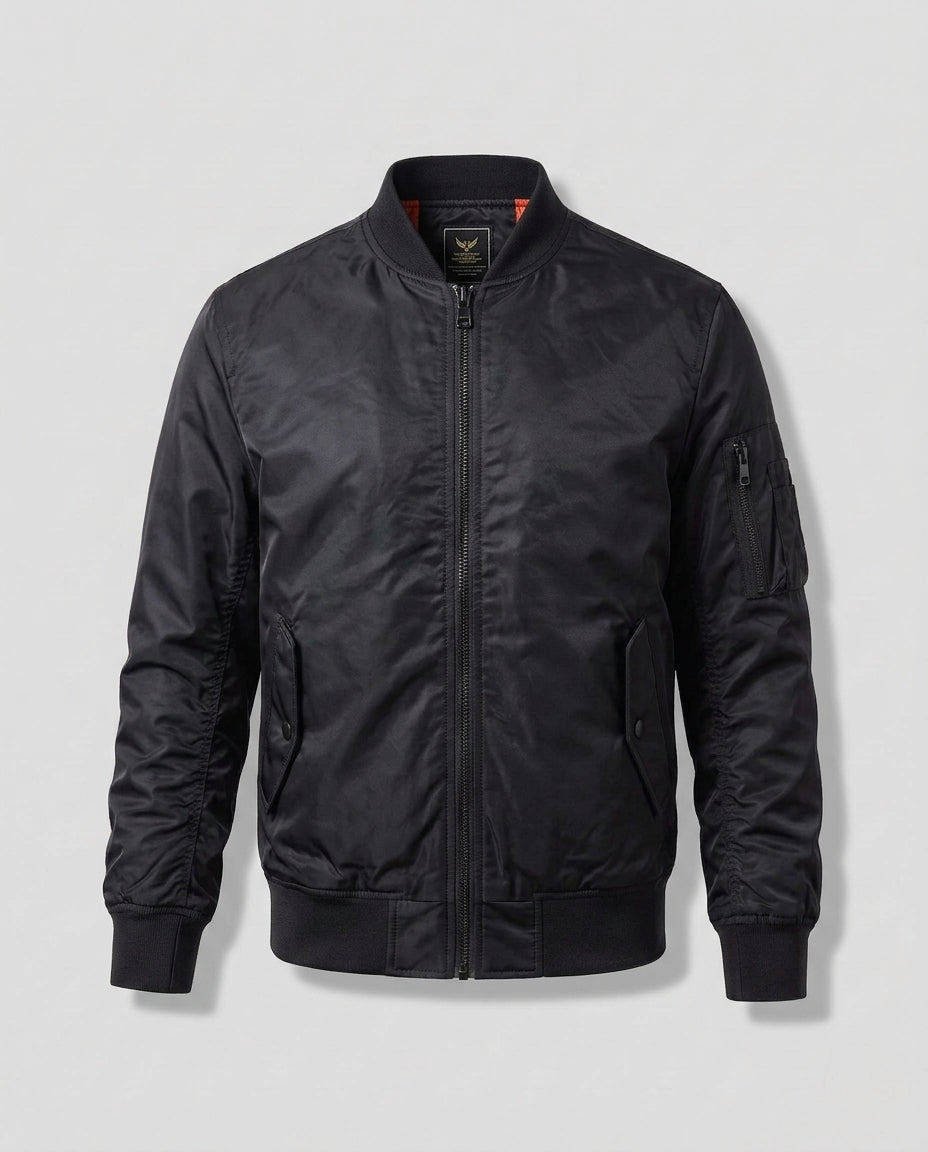 Men's Lightweight Nylon Aviator Bomber with Arm Pocket and Two-Way Zipper EVA-US