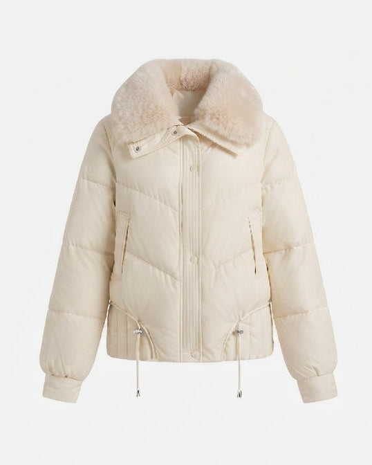 Women's short boxy puffer with extra-soft shawl collar in faux fur look and adjustable hem