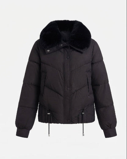 Women's short boxy puffer with extra-soft shawl collar in faux fur look and adjustable hem