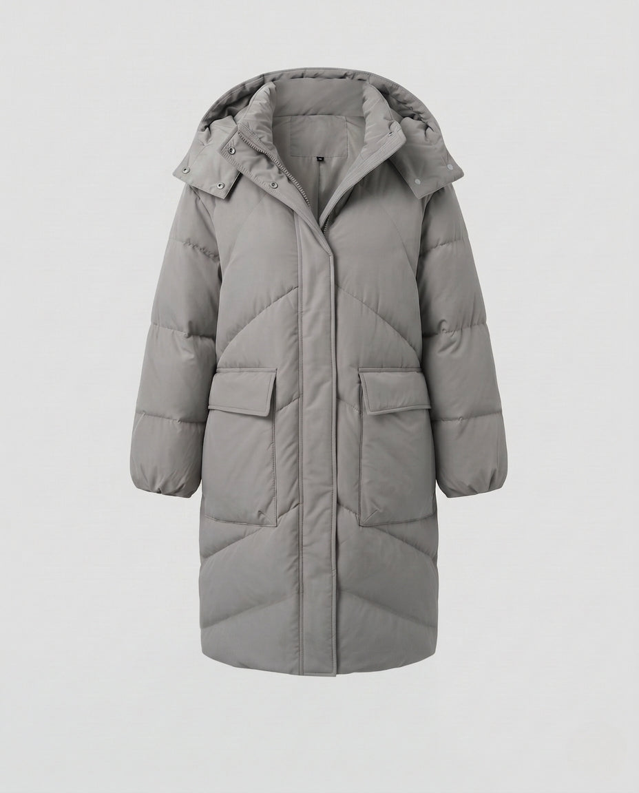 Women's nan extralong thermal quilted coat with noise-reducing outer material and concealed two-way zipper