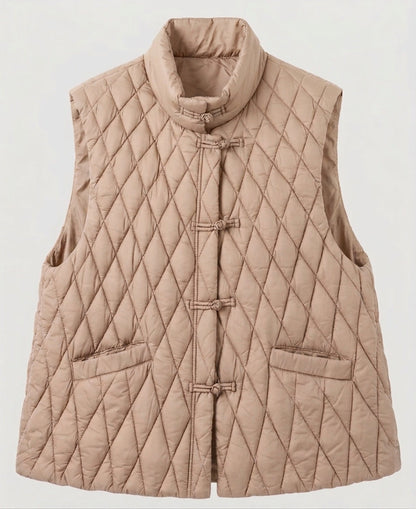 Women's quilted sleeveless jacket with mandarin collar and decorative knot closures