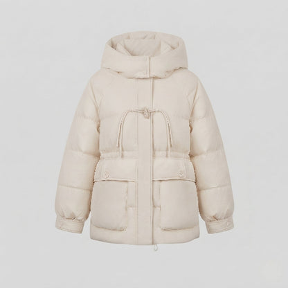 Women's short oversized winter parka with voluminous thermal padding, high stand-up collar, and extra large flap pockets