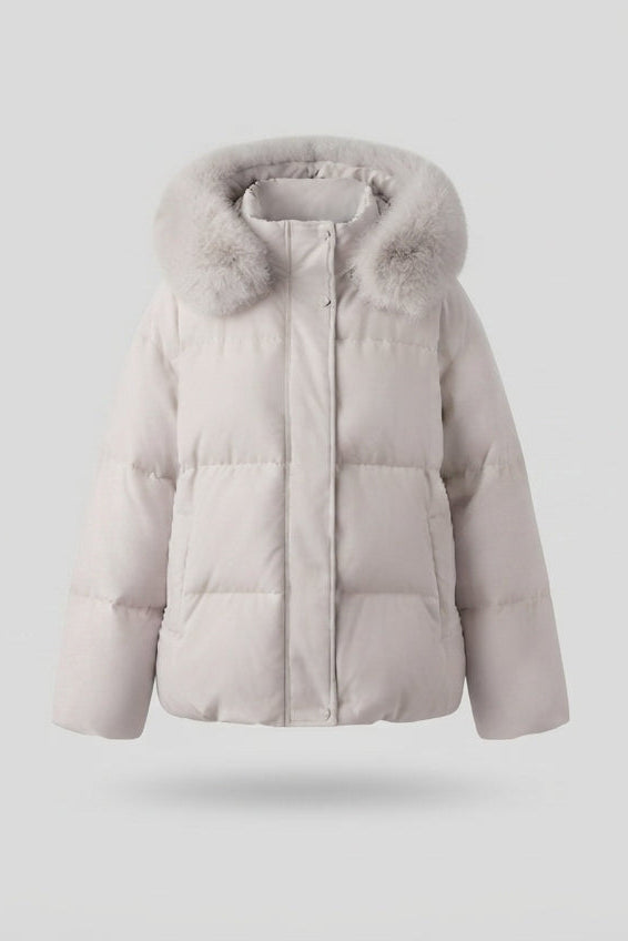 Women's nan quilted short parka with voluminous hood trim in faux fur look and extra wide sleeves