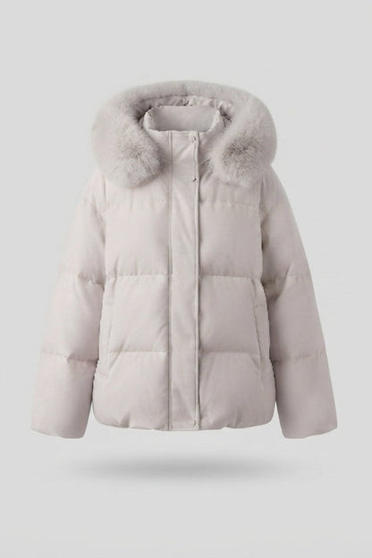 Women's nan quilted short parka with voluminous hood trim in faux fur look and extra wide sleeves