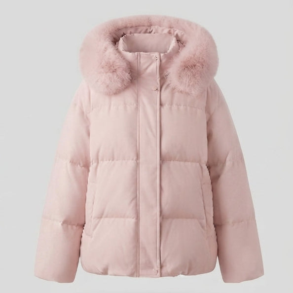 Women's nan quilted short parka with voluminous hood trim in faux fur look and extra wide sleeves