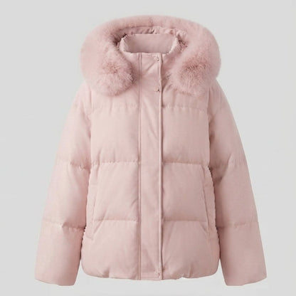 Women's nan quilted short parka with voluminous hood trim in faux fur look and extra wide sleeves