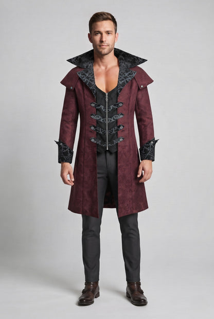 Men's elegant Gothic coat with ornate embellishments and high collar EVA-US