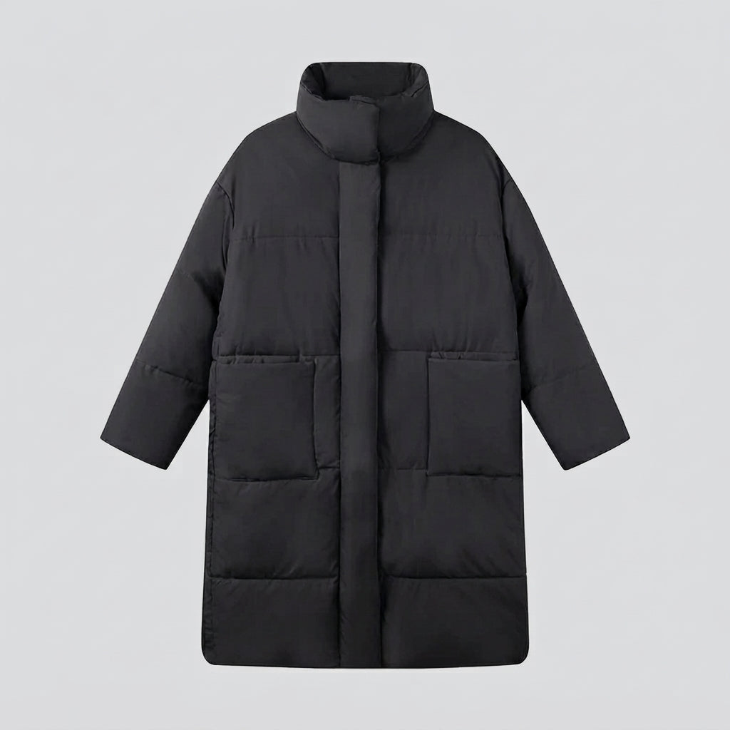 Women's nano extralong padded comfort puffer with noise-reducing surface, high stand collar, and generous oversized silhouette