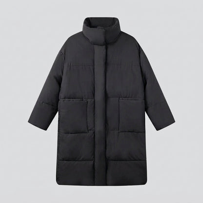 Women's nano extralong padded comfort puffer with noise-reducing surface, high stand collar, and generous oversized silhouette