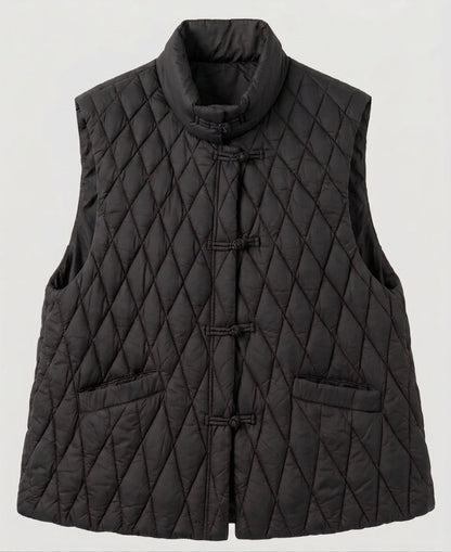 Women's quilted sleeveless jacket with mandarin collar and decorative knot closures