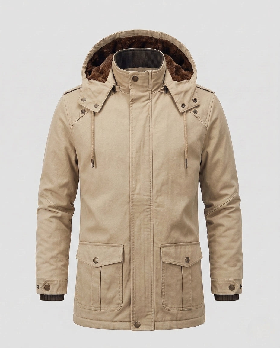 Men's field parka in canvas look with warming teddy fleece lining and utility pockets EVA-US