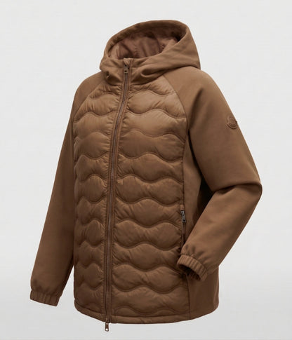 Women's non-quilted hybrid hoodie jacket with padded front and loose sweatshirt sleeves
